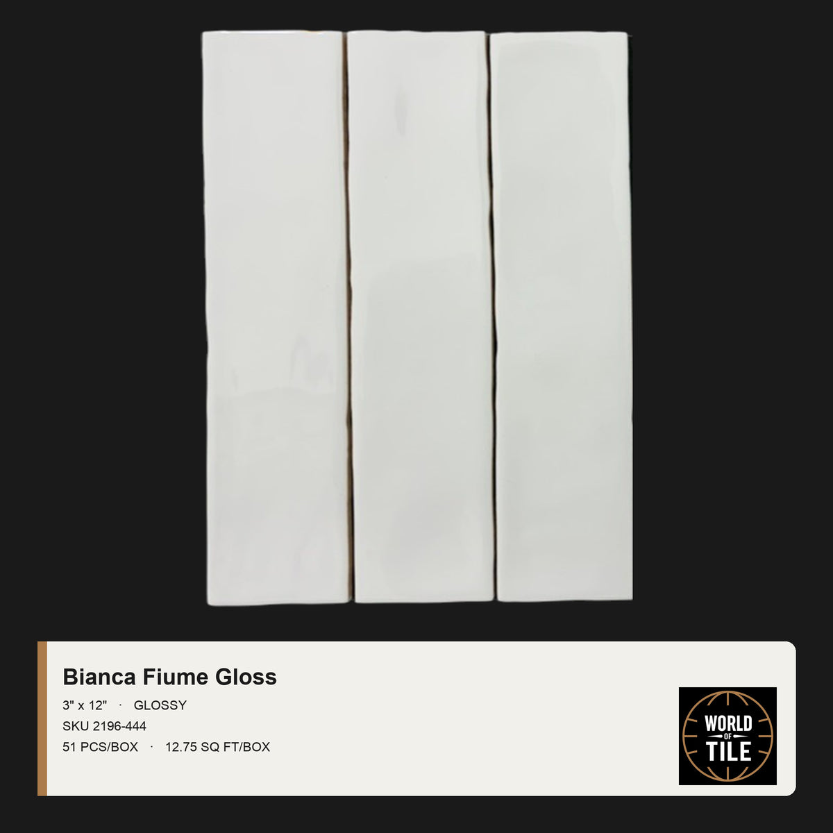 Bianca Fiume Glossy 3x12 white ceramic subway tile