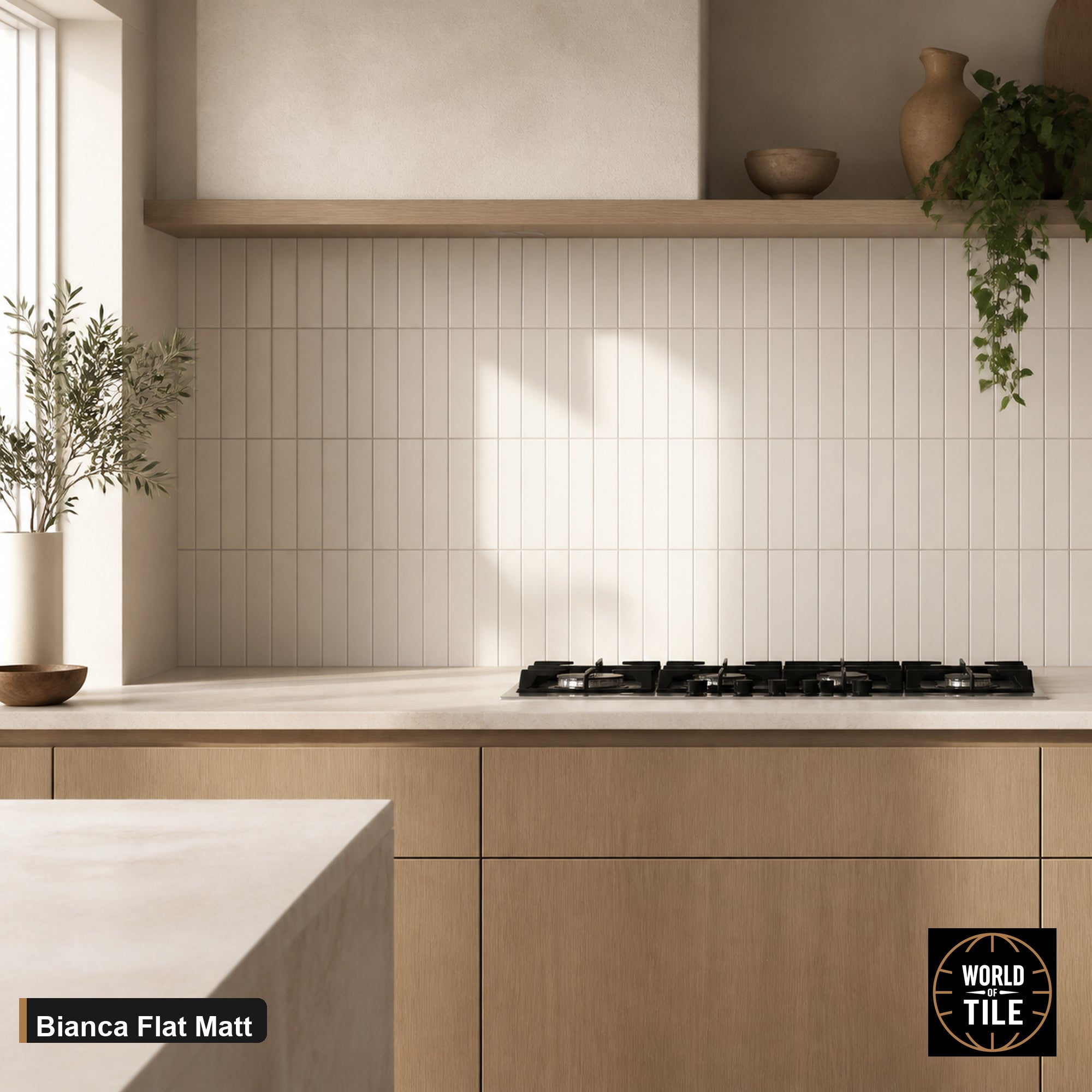 Bianca Flat Matte subway tile installed as a kitchen backsplash