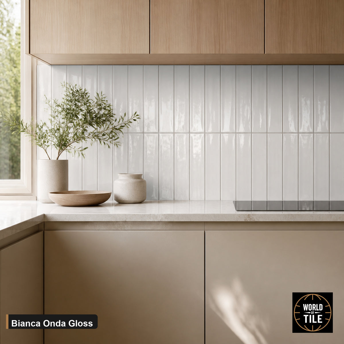 Bianca Onda Gloss subway tile installed as a kitchen backsplash