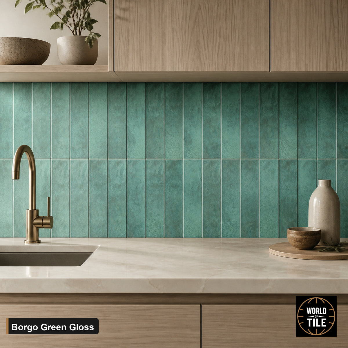 Borgo Green Crackle Gloss subway tile installed as a kitchen backsplash