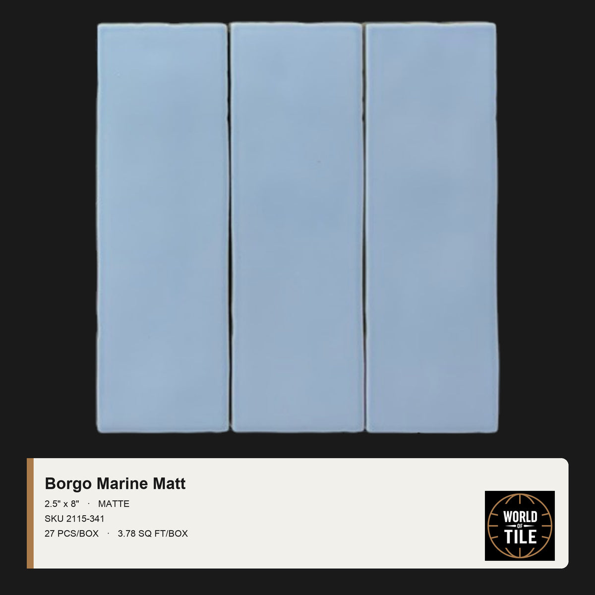 Borgo Marine Matte 2.5" x 8" ceramic subway tile