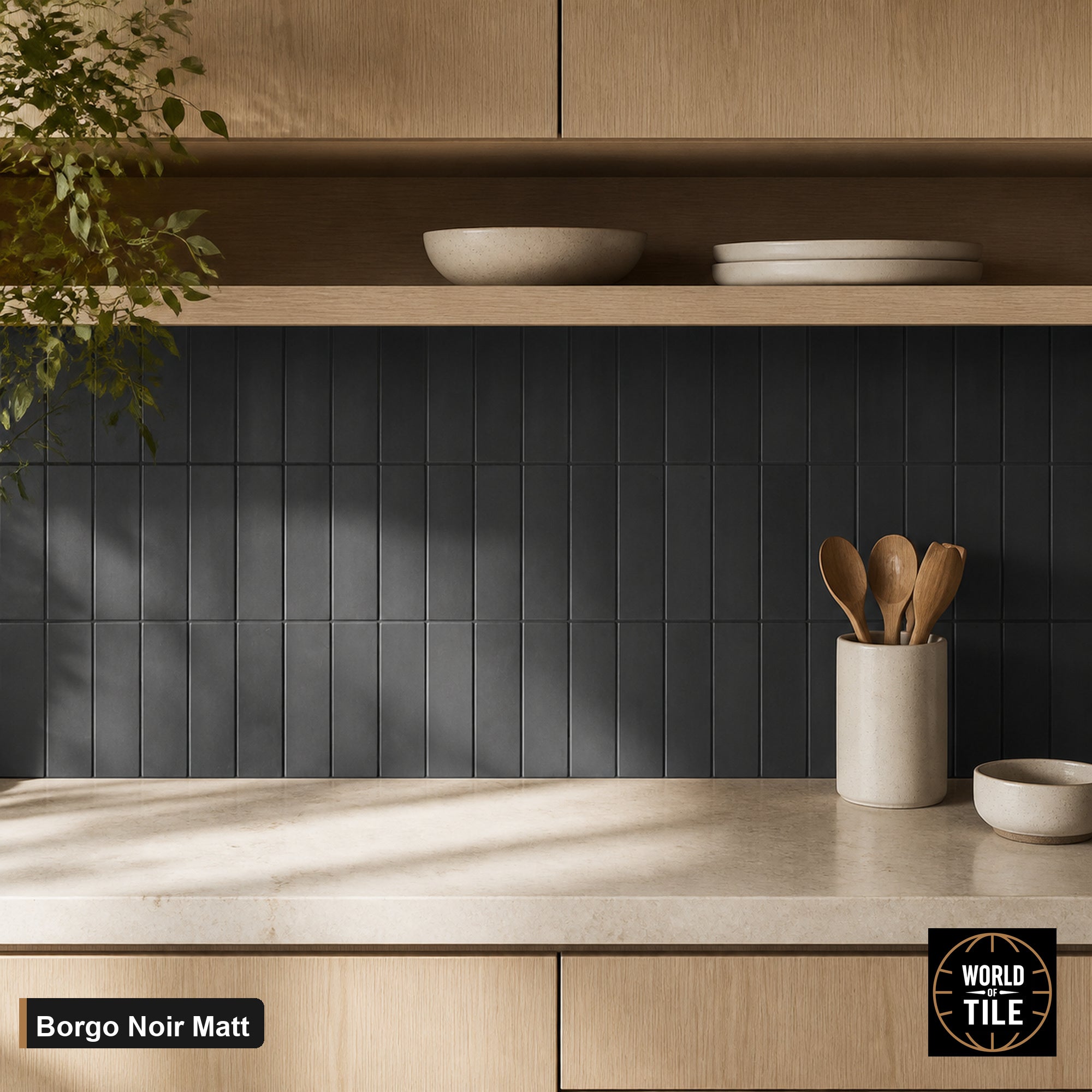 Borgo Noir Matte subway tile installed as a kitchen backsplash