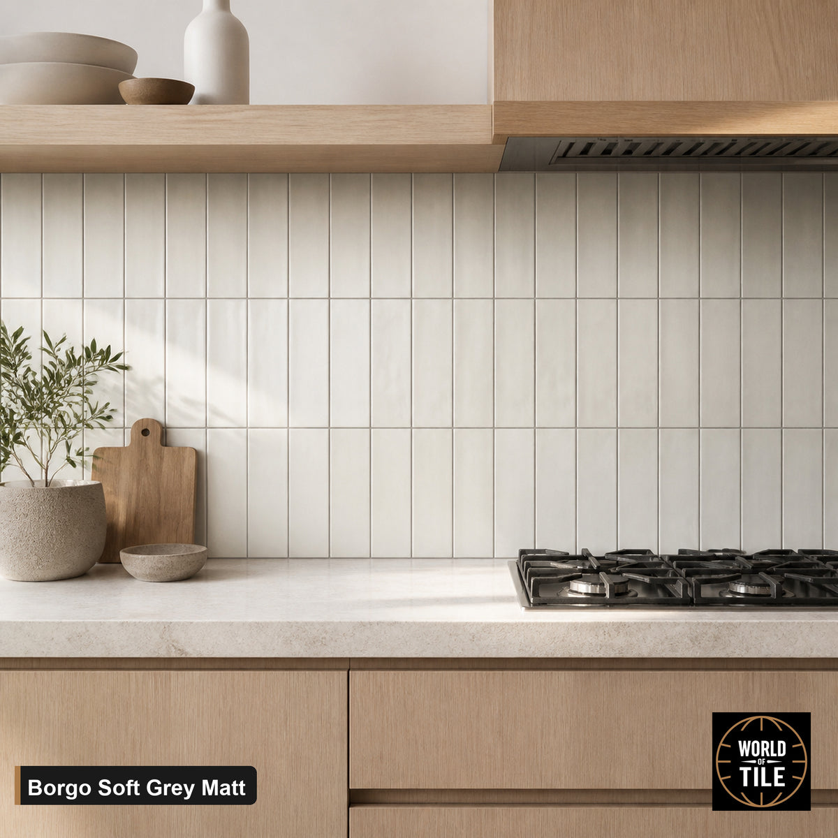 Borgo Soft Grey Matte subway tile installed as a kitchen backsplash