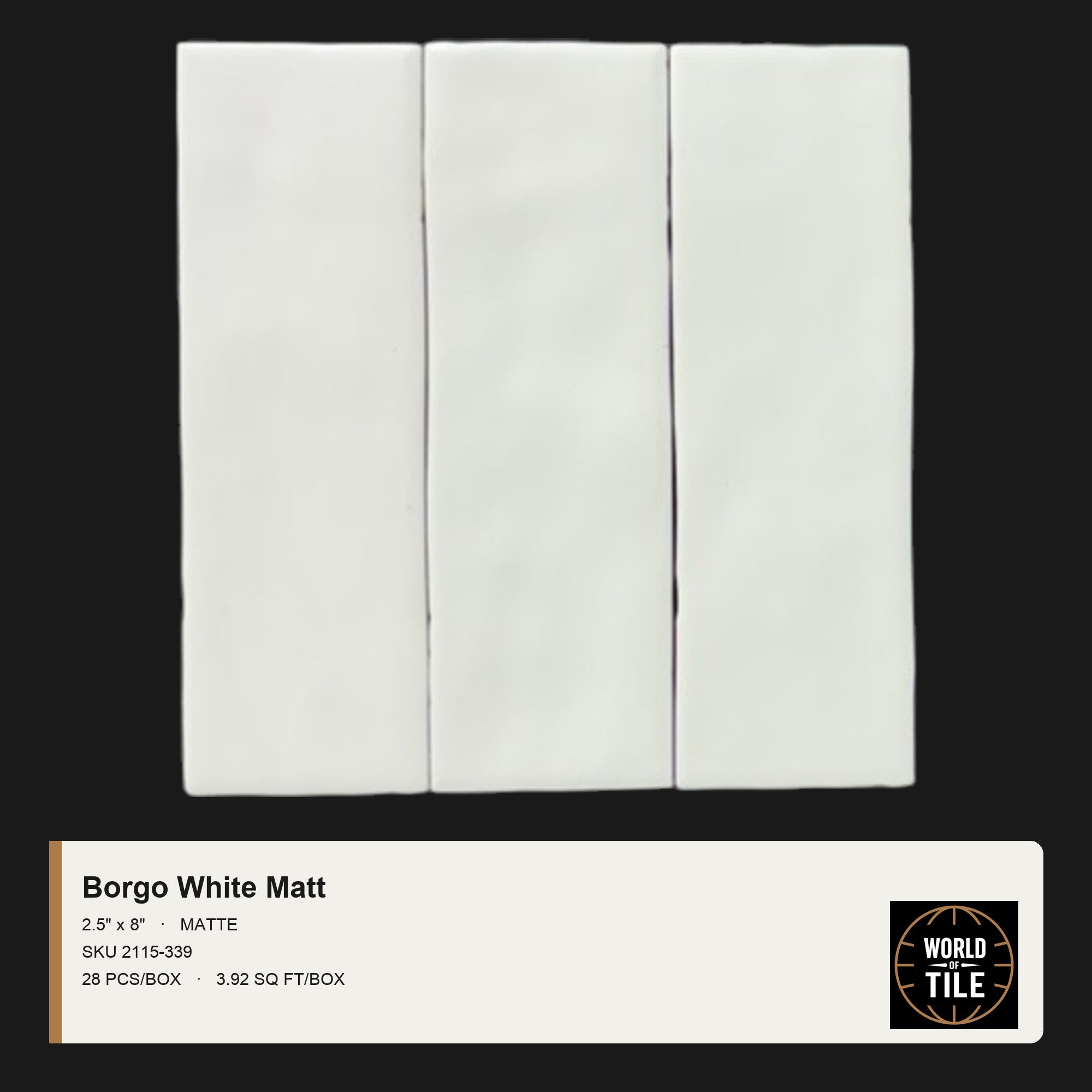 Borgo White Matte 2.5" x 8" ceramic subway tile