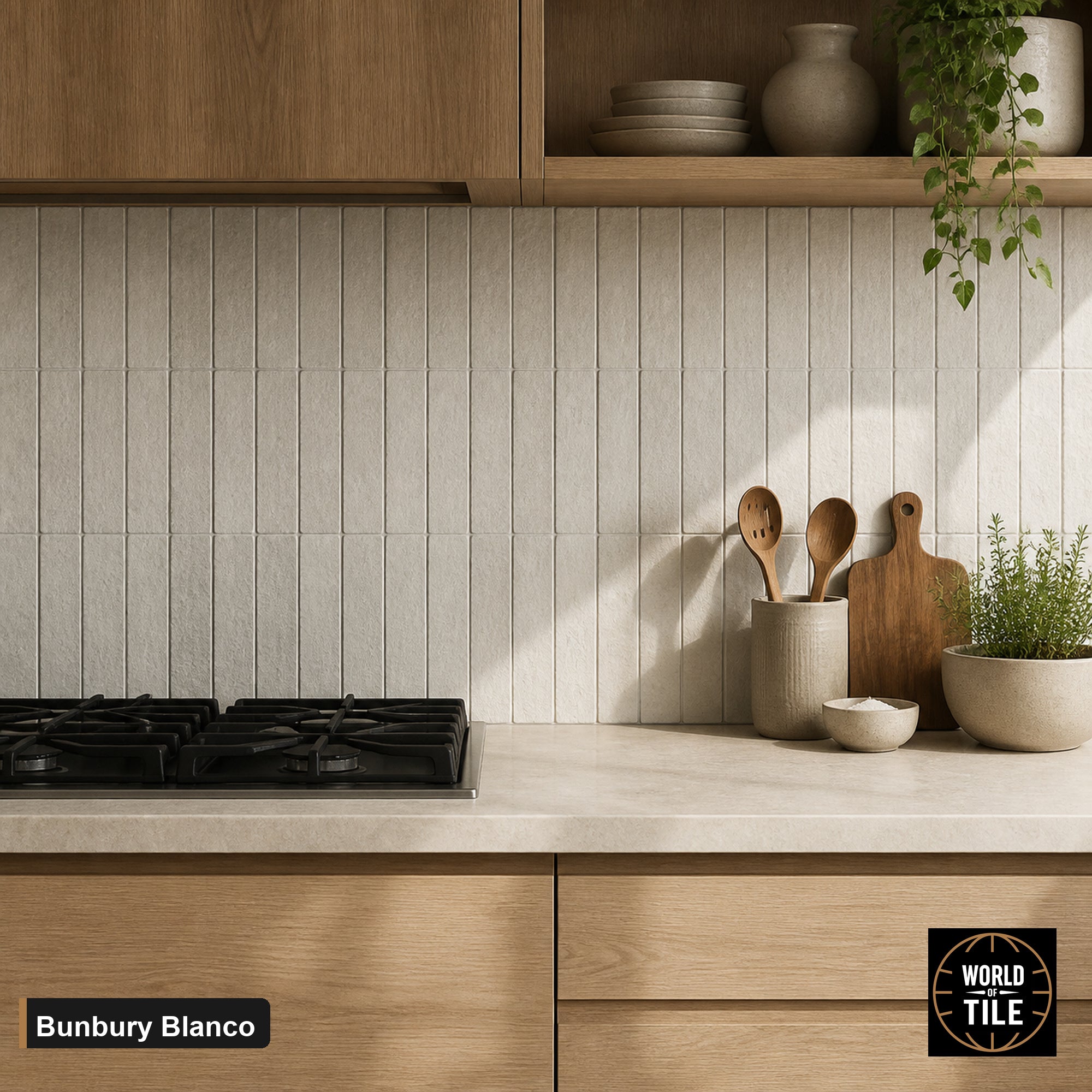 Bunbury Blanco subway tile installed as a kitchen backsplash