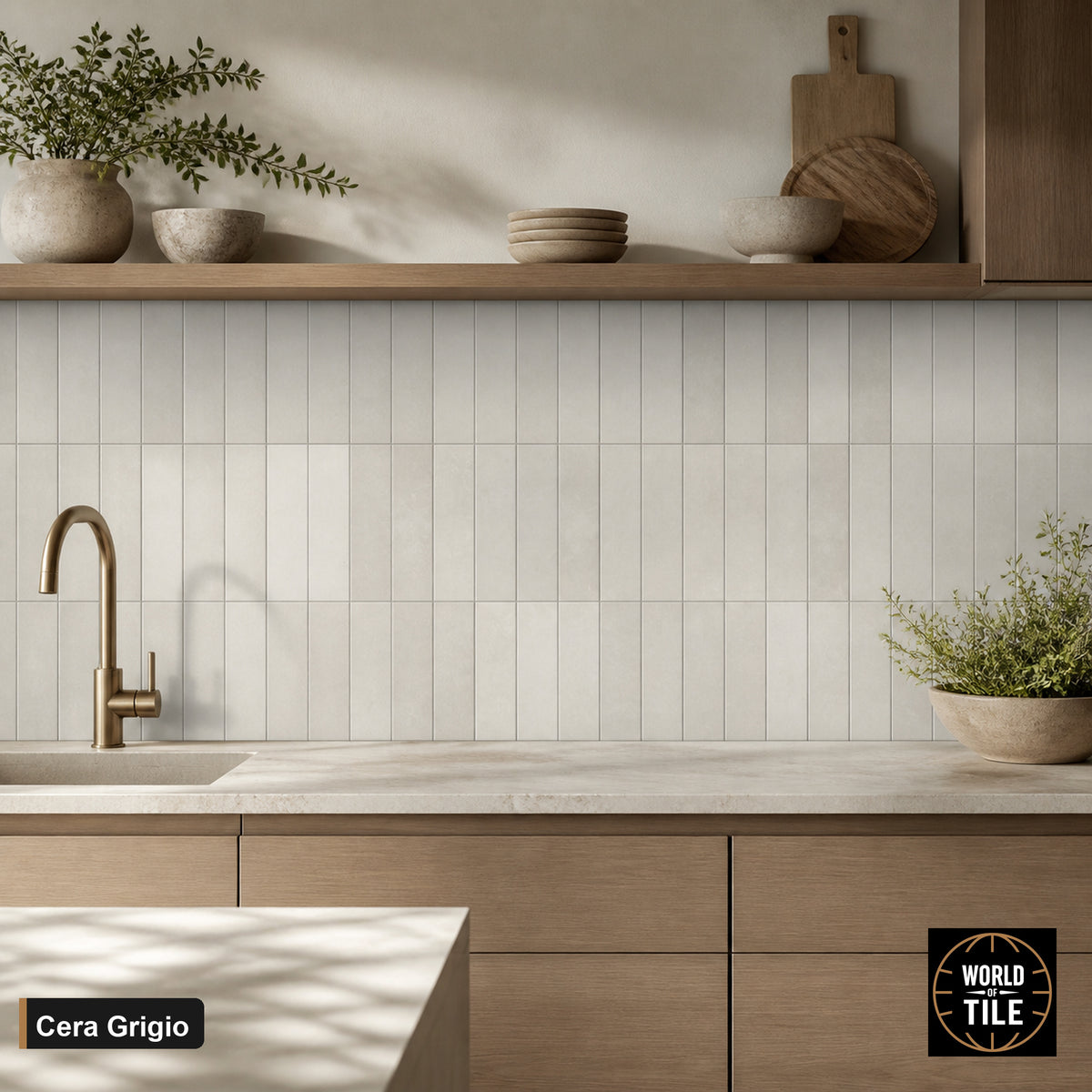Cera Grigio Matte subway tile installed as a kitchen backsplash