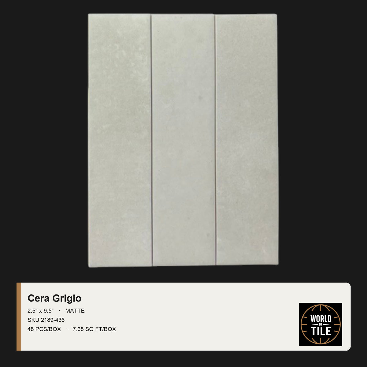 Cera Grigio Matte 2.5" x 9.5" ceramic subway tile