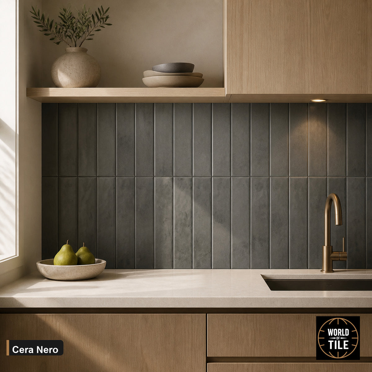 Cera Nero Matte subway tile installed as a kitchen backsplash