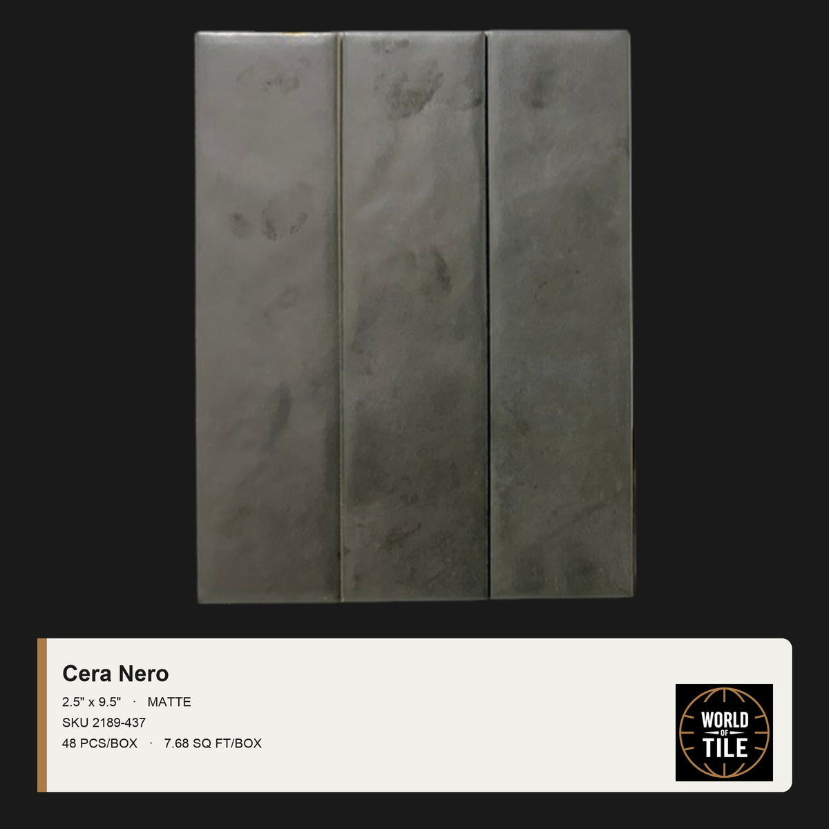 Cera Nero Matte 2.5" x 9.5" ceramic subway tile