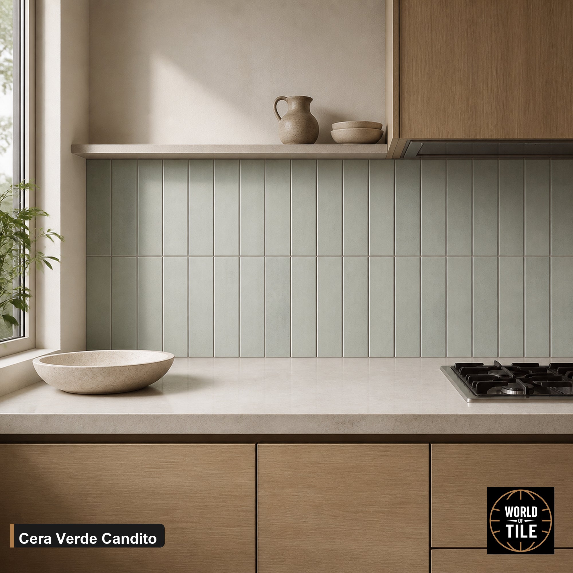 Cera Verde Candito Matte subway tile installed as a kitchen backsplash