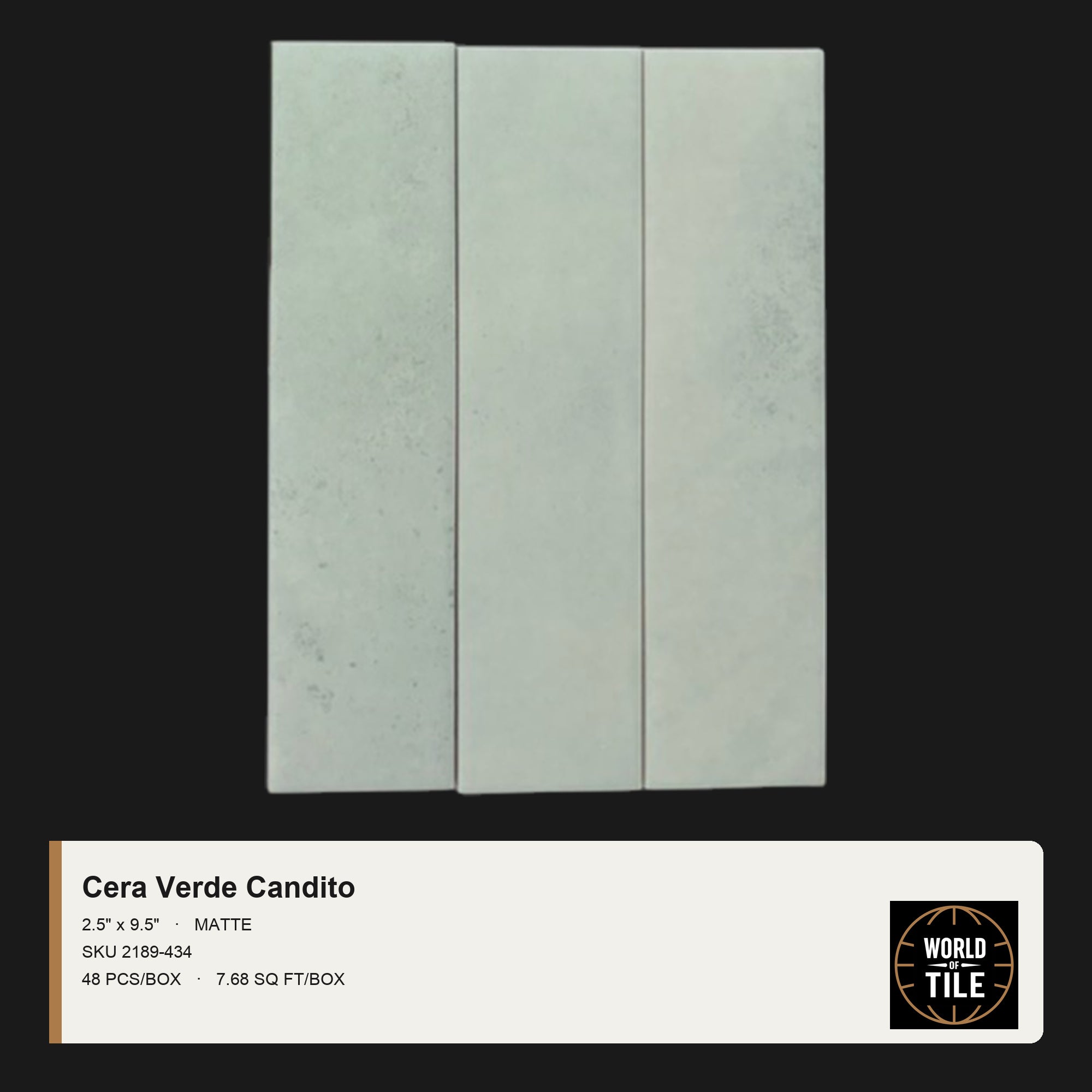 Cera Verde Candito Matte 2.5" x 9.5" ceramic subway tile