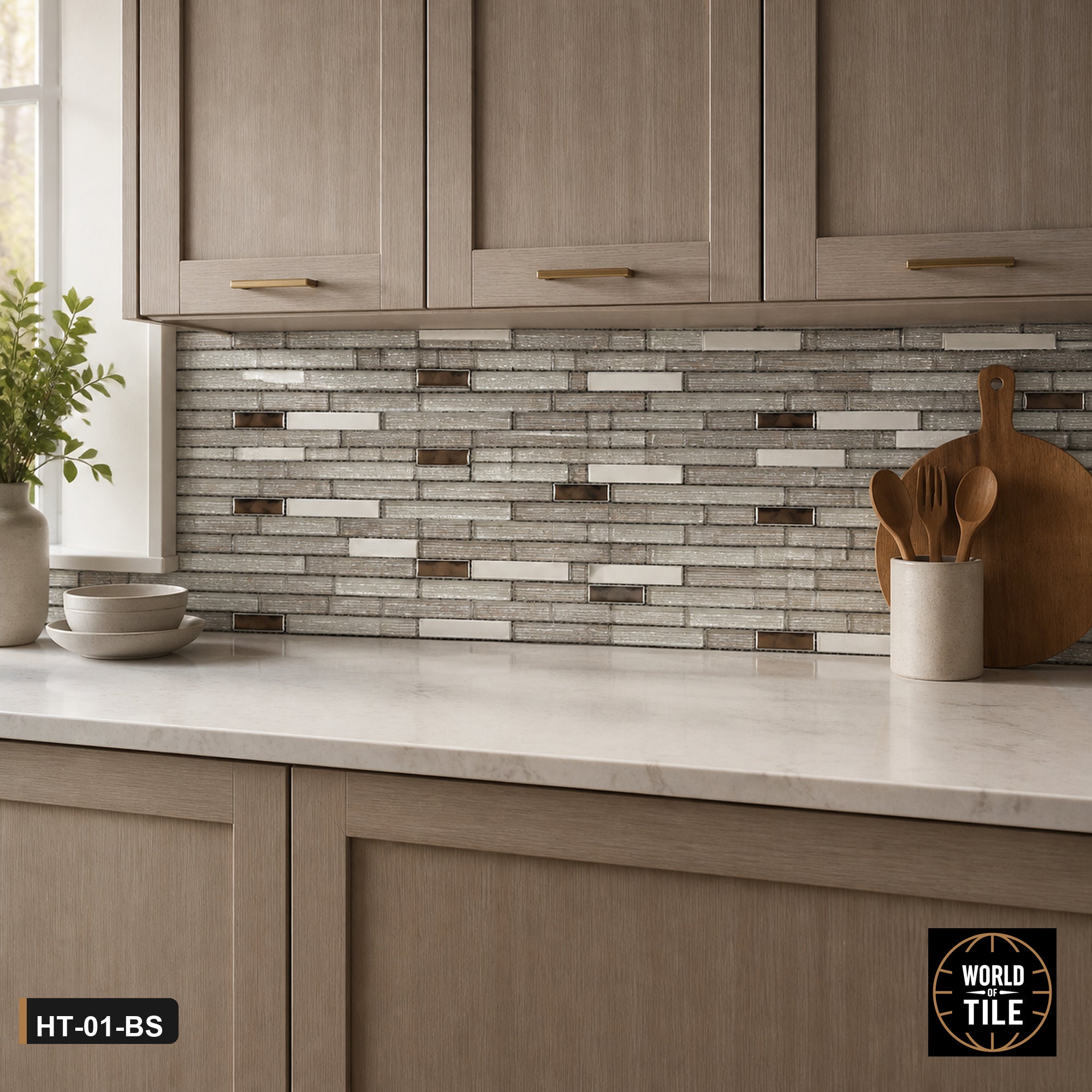 Silver Linear Glass & Metal Mosaic installed as a kitchen backsplash