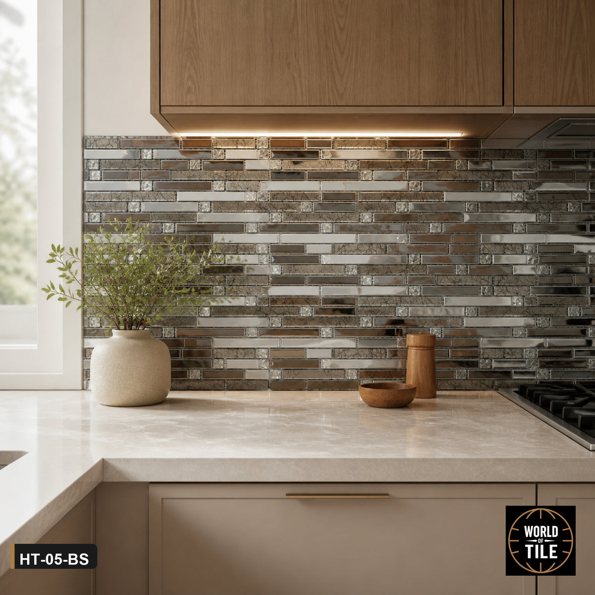 Bronze Linear Glass & Stone Mosaic installed as a kitchen backsplash