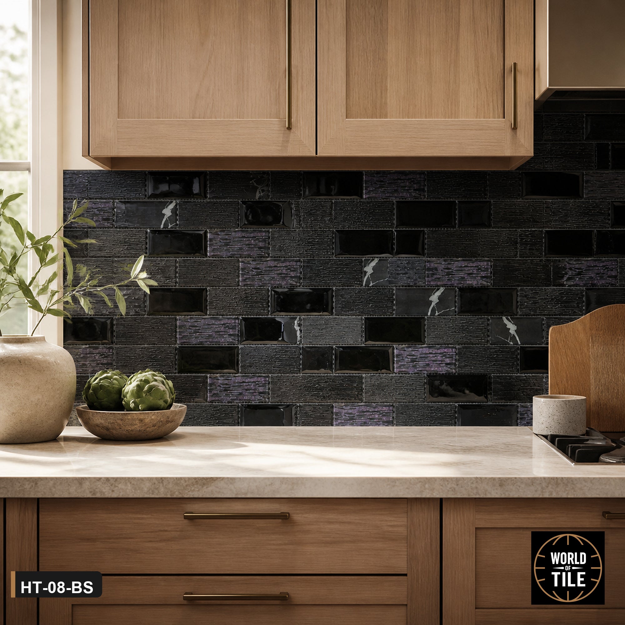 Black Textured Glass Linear Mosaic installed as a kitchen backsplash