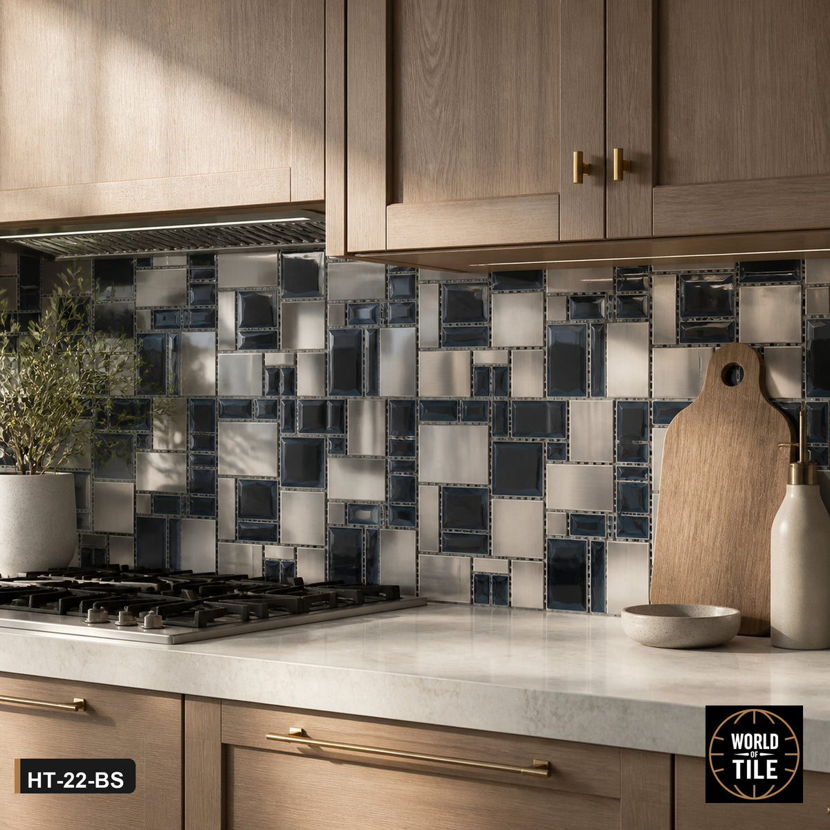 Navy Glass & Metal Block Mosaic installed as a kitchen backsplash