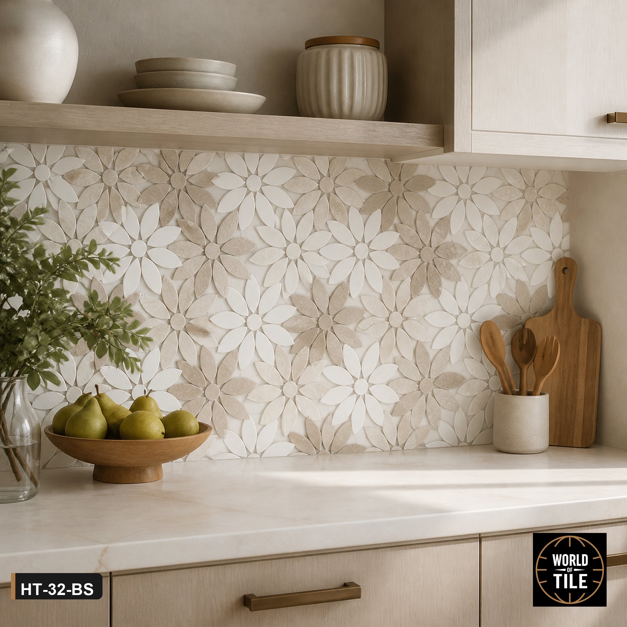 Taupe & White Marble Daisy Flower Mosaic installed as a kitchen backsplash