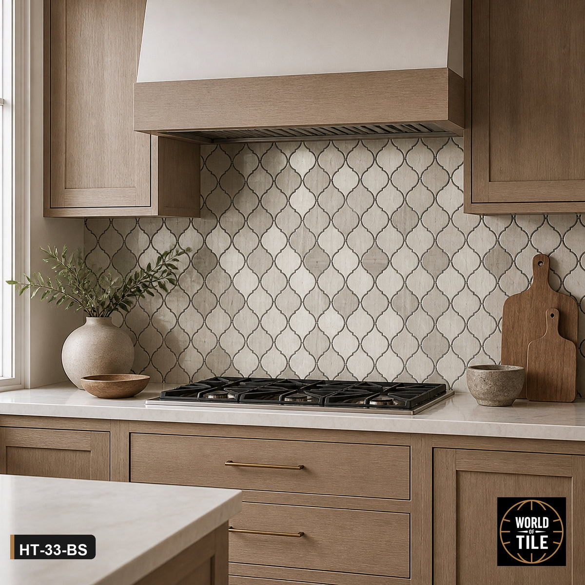 Wood-Look Stone Arabesque Mosaic installed as a kitchen backsplash