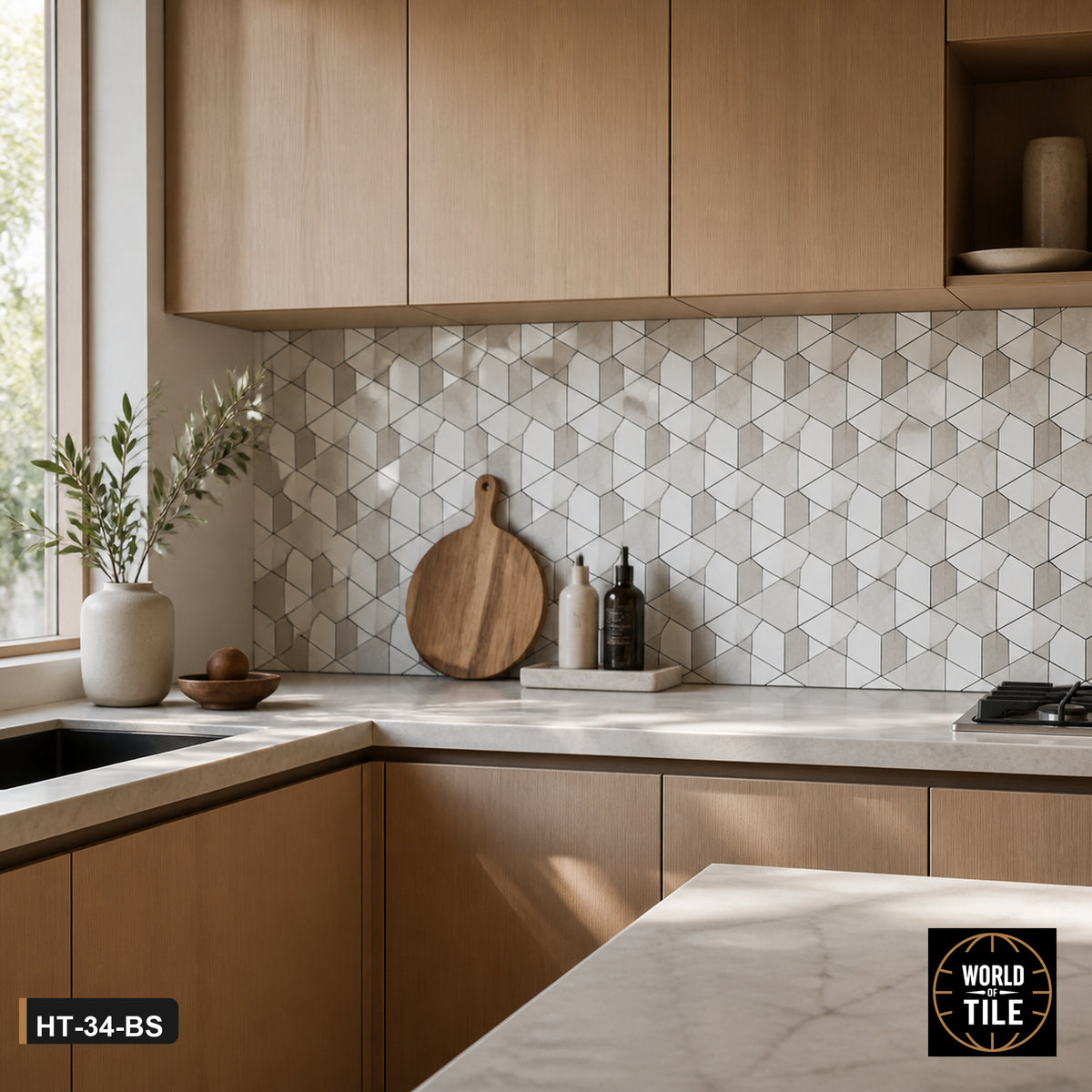 Marble 3D Cube Mosaic installed as a kitchen backsplash
