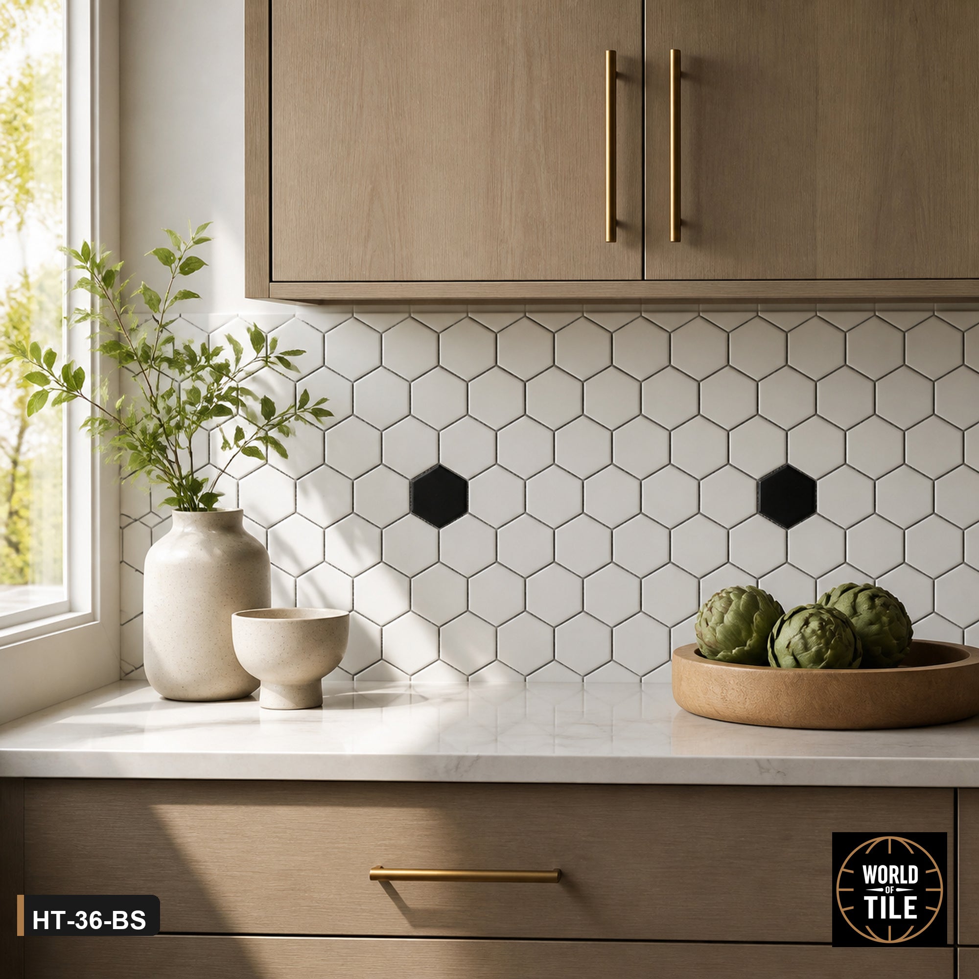 White Hexagon Mosaic with Black Dot installed as a kitchen backsplash
