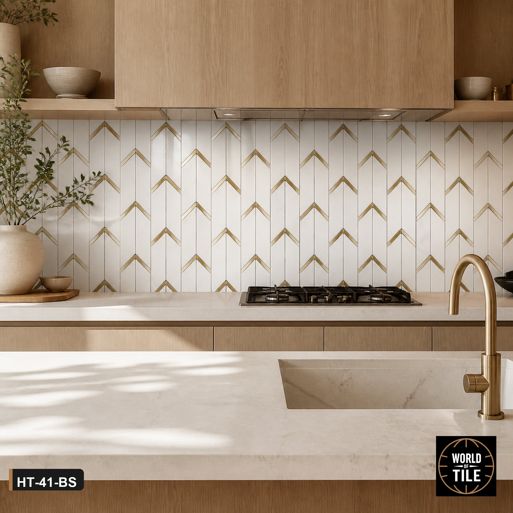 Marble Chevron Mosaic with Gold Inlay installed as a kitchen backsplash