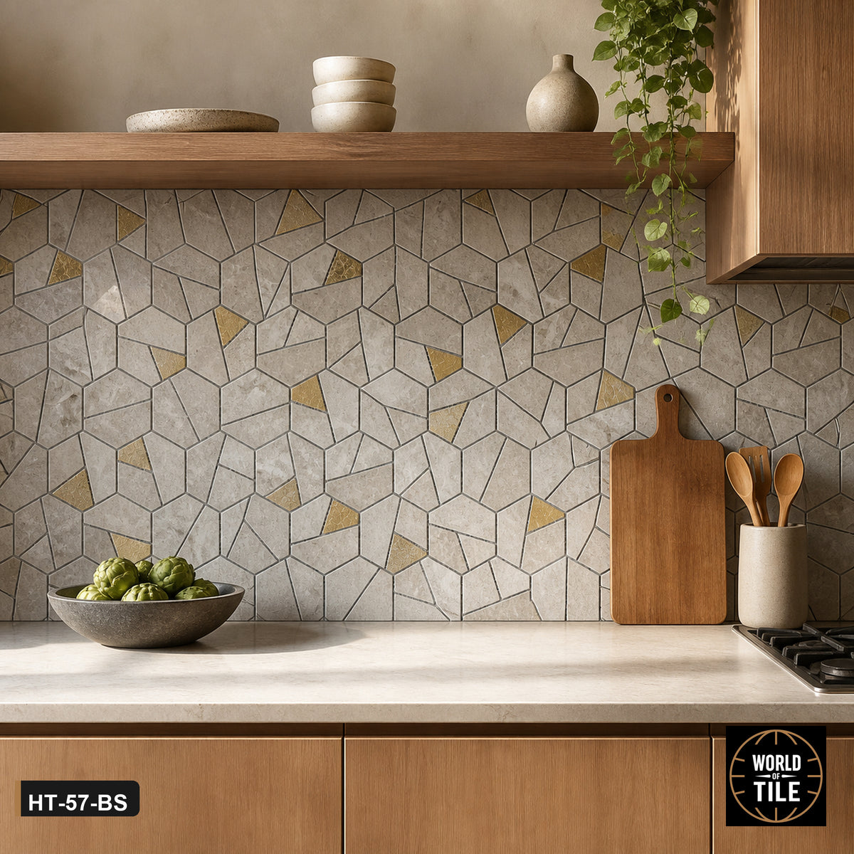 Grey Stone Hexagon Mosaic with Gold Inlay installed as a kitchen backsplash