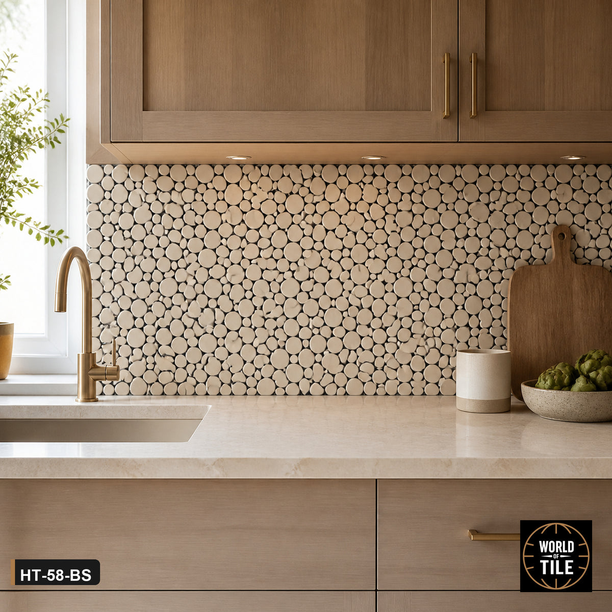 Cream Bubble Round Mosaic installed as a kitchen backsplash