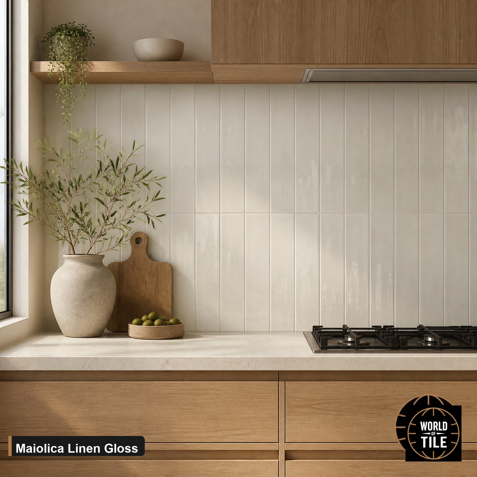 Maiolica Linen Gloss subway tile installed as a kitchen backsplash