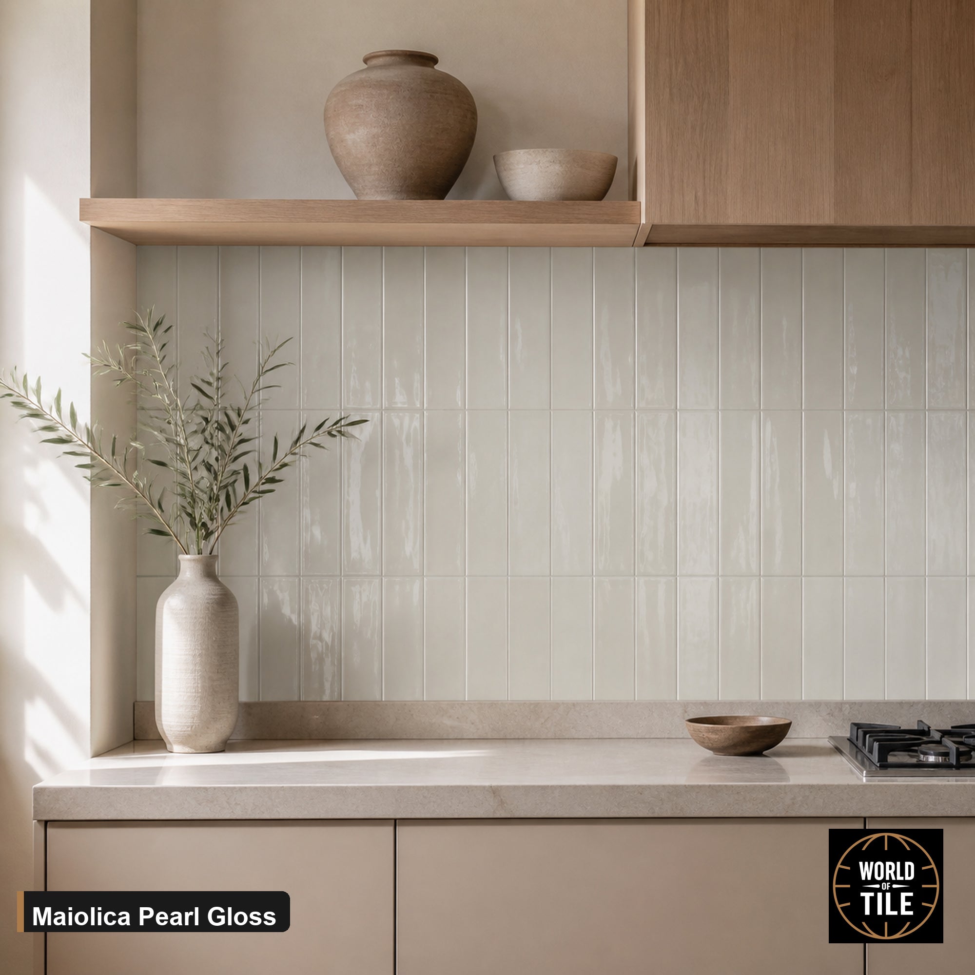 Maiolica Pearl Gloss subway tile installed as a kitchen backsplash