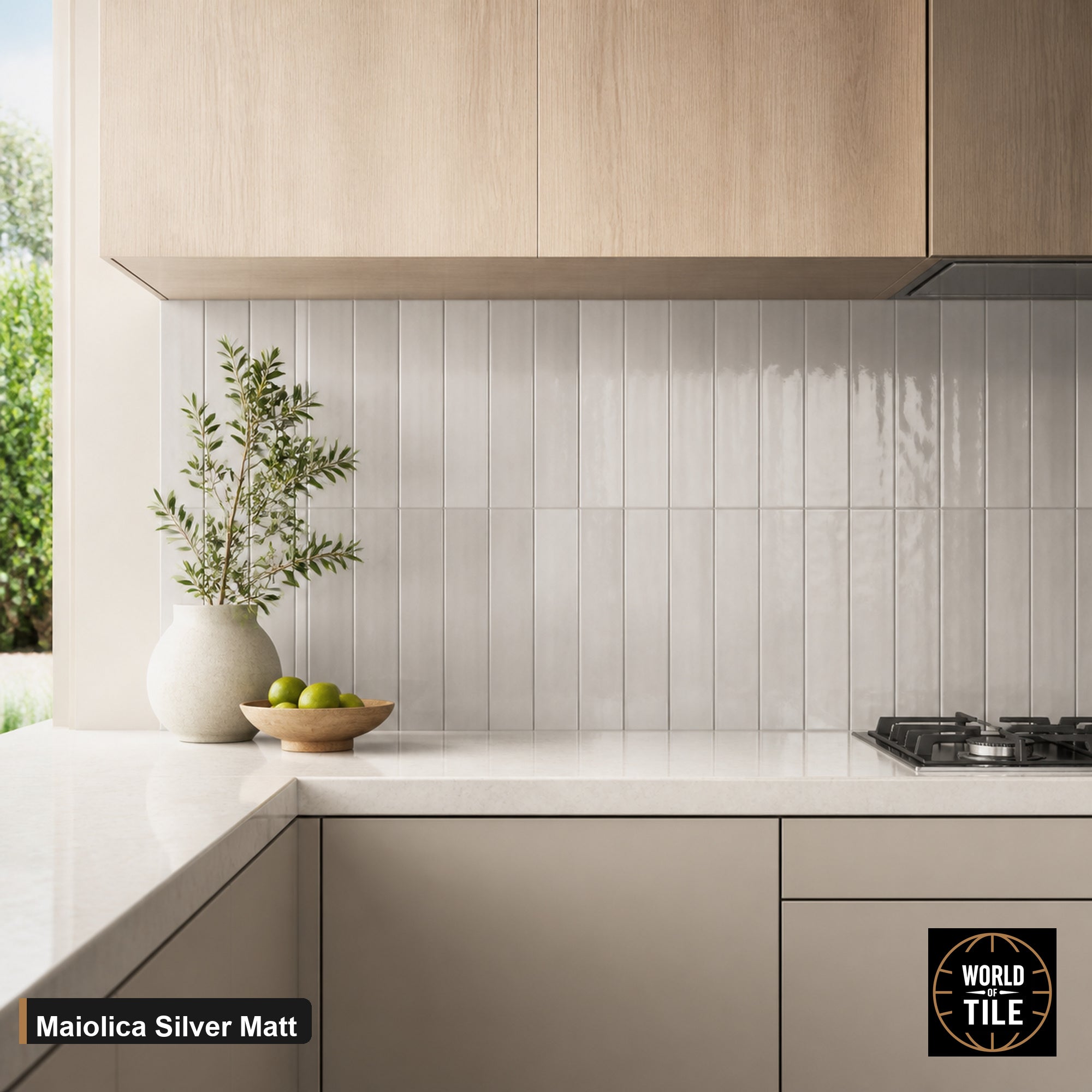 Maiolica Silver Matte subway tile installed as a kitchen backsplash