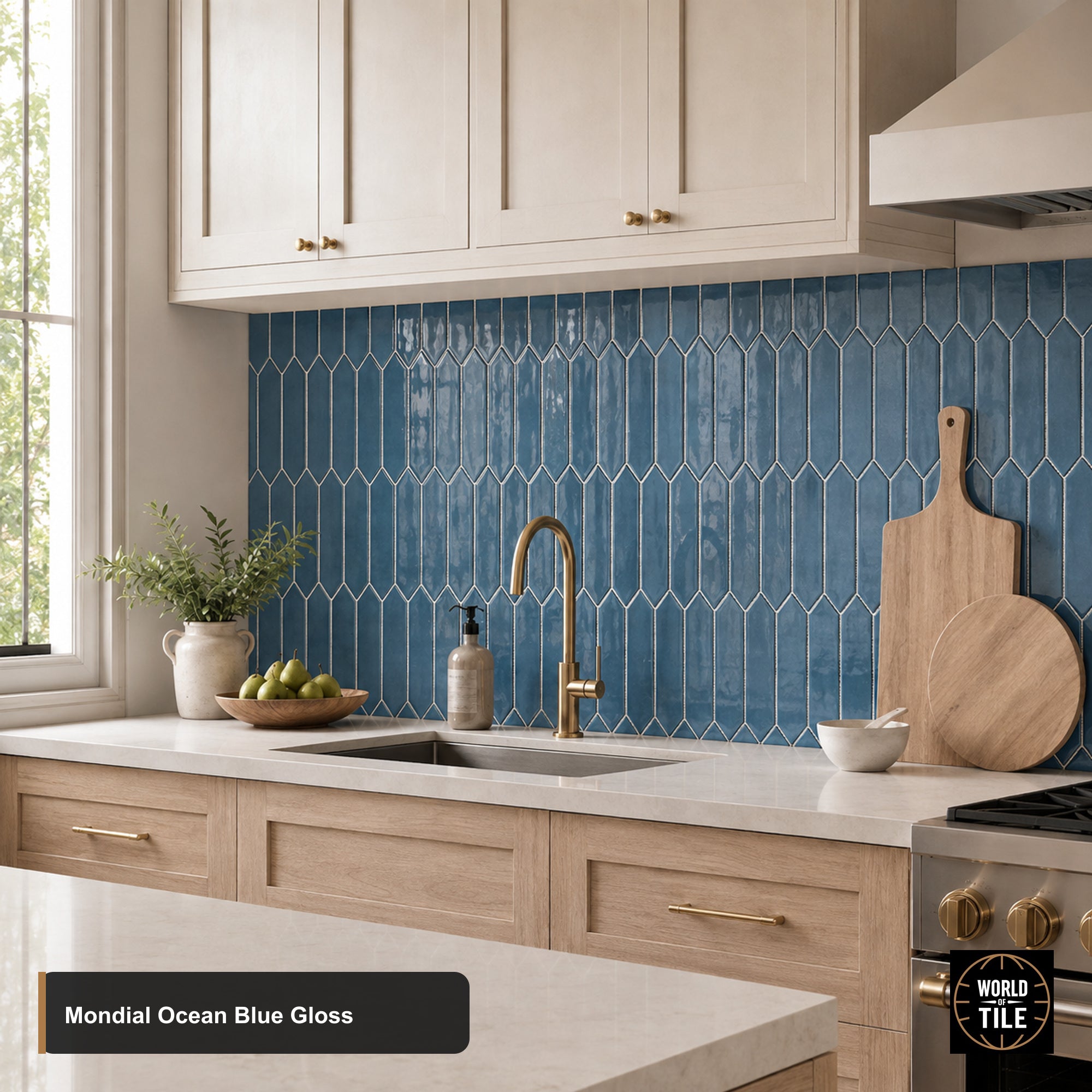 Mondial Ocean Blue Picket Mosaic - Gloss