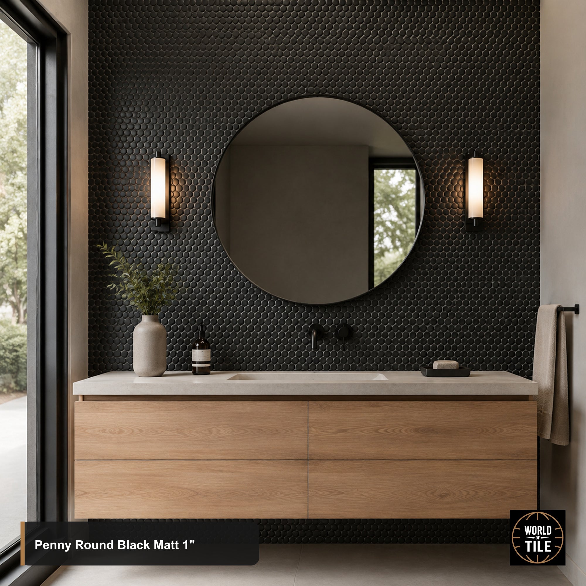 Penny Round Black 1" Mosaic - Matte