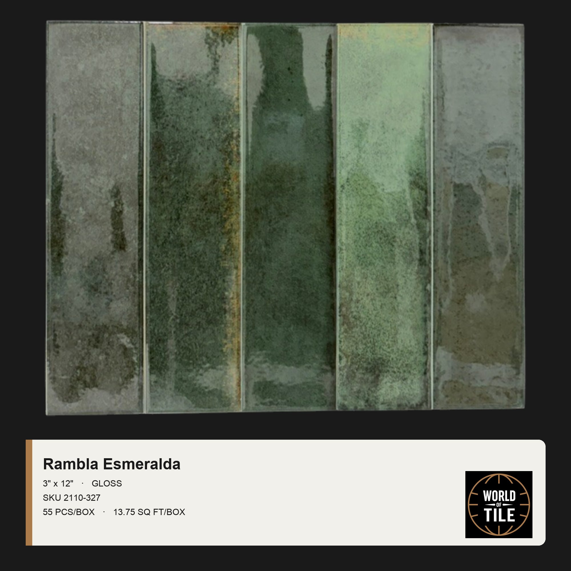 Rambla Esmeralda Gloss 3" x 12" ceramic subway tile