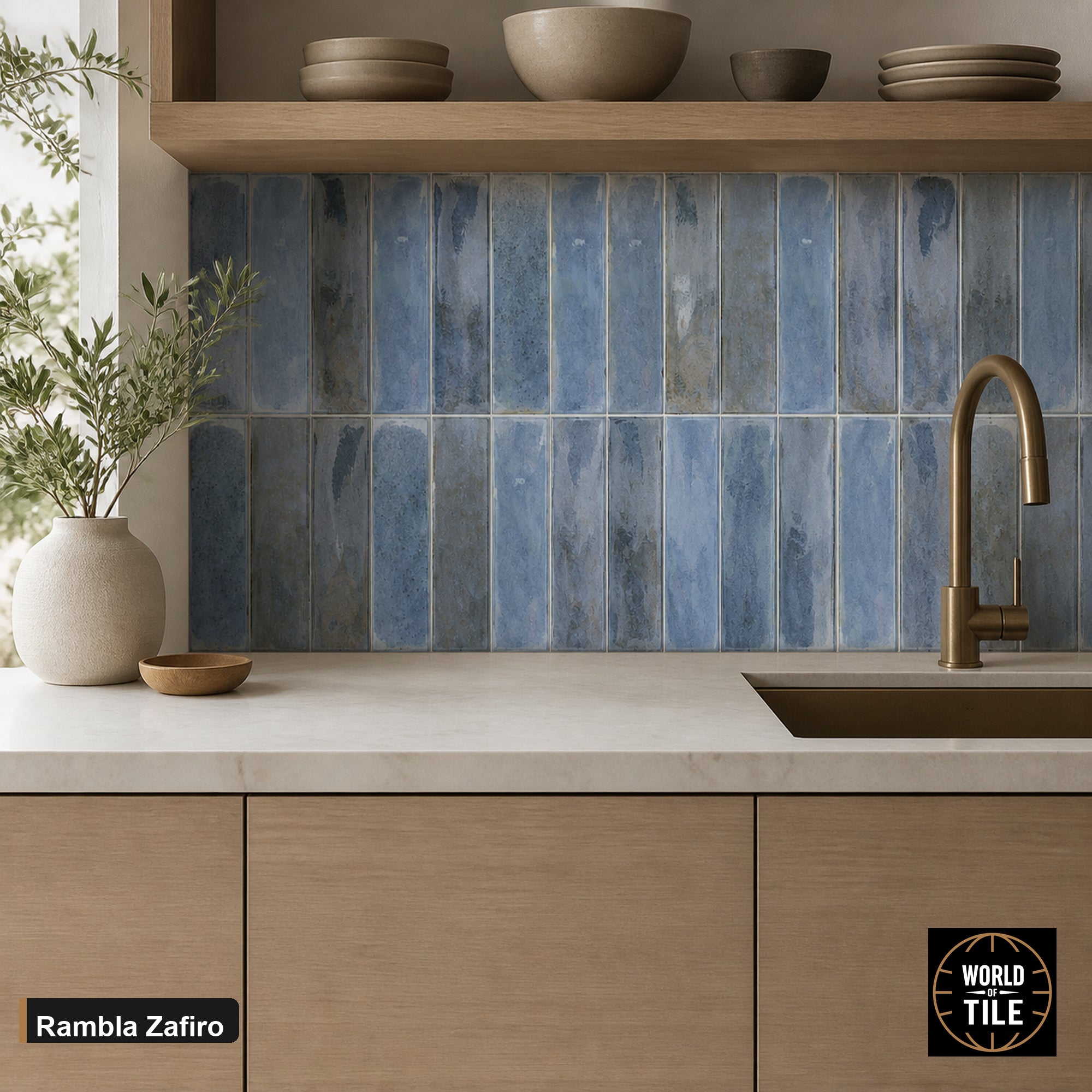 Rambla Zafiro Gloss subway tile installed as a kitchen backsplash
