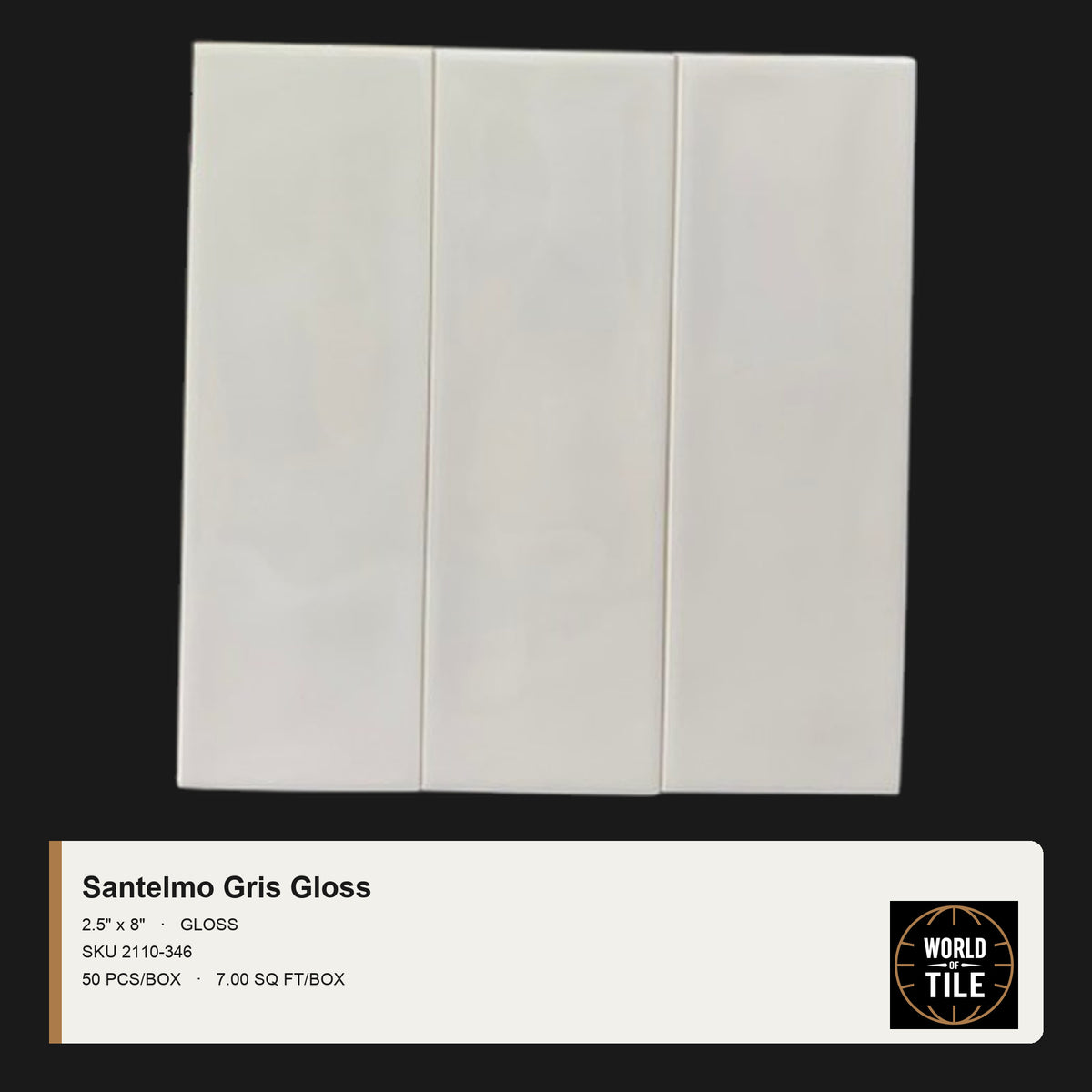Santelmo Gris Gloss 2.5" x 8" ceramic subway tile