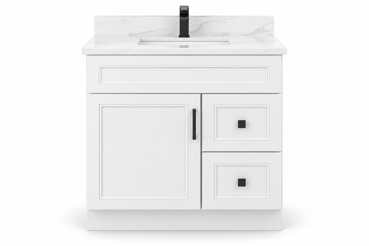 36 inch solid wood vanity, Double Shaker White finish, front hero