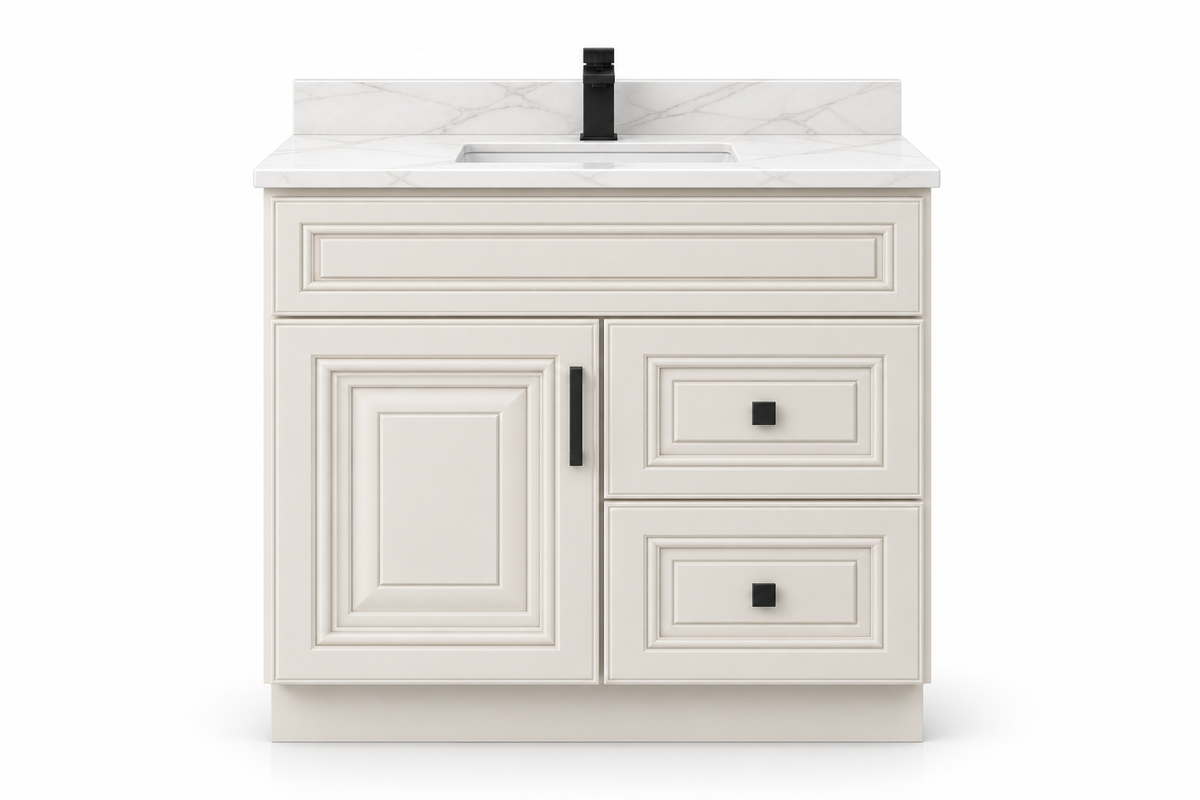 36 inch solid wood vanity, Ivory White Classic finish, front hero