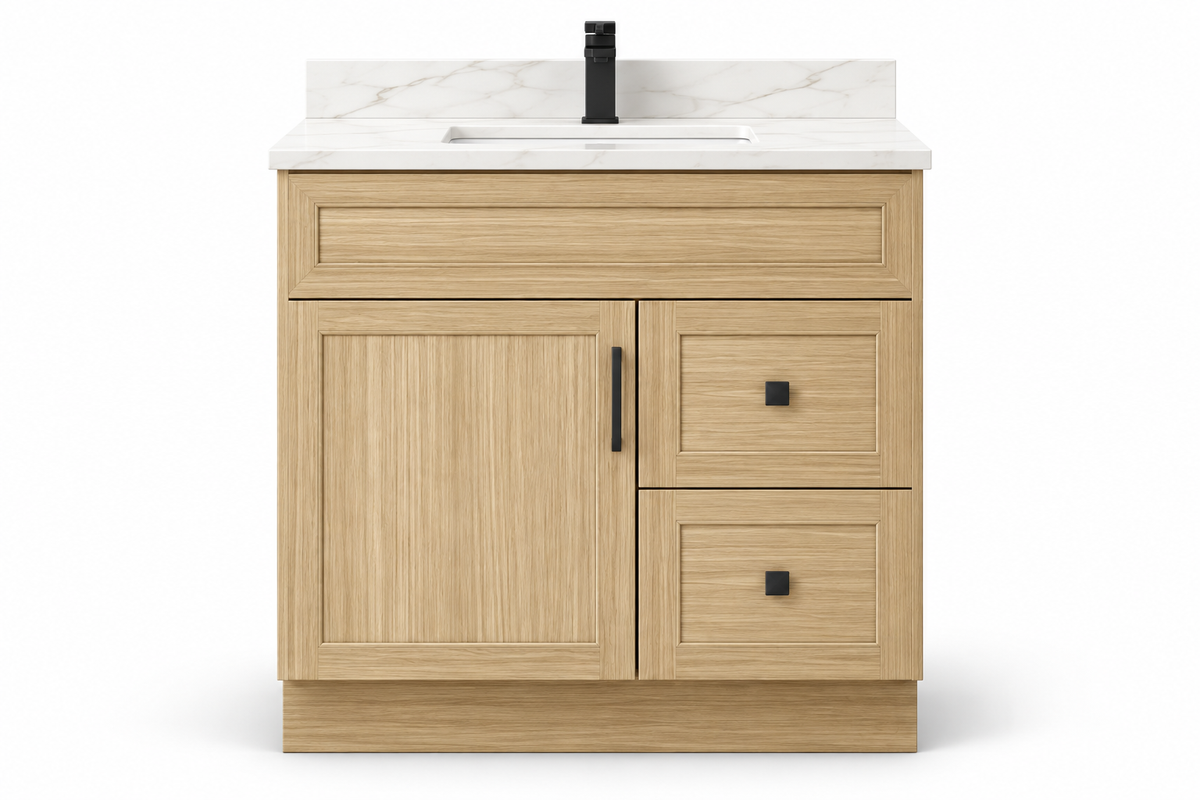 36 inch solid wood vanity, Natural Slim Shaker finish, front hero