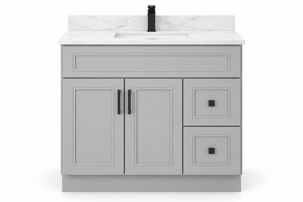 42 inch solid wood vanity, Double Shaker Grey finish, front hero