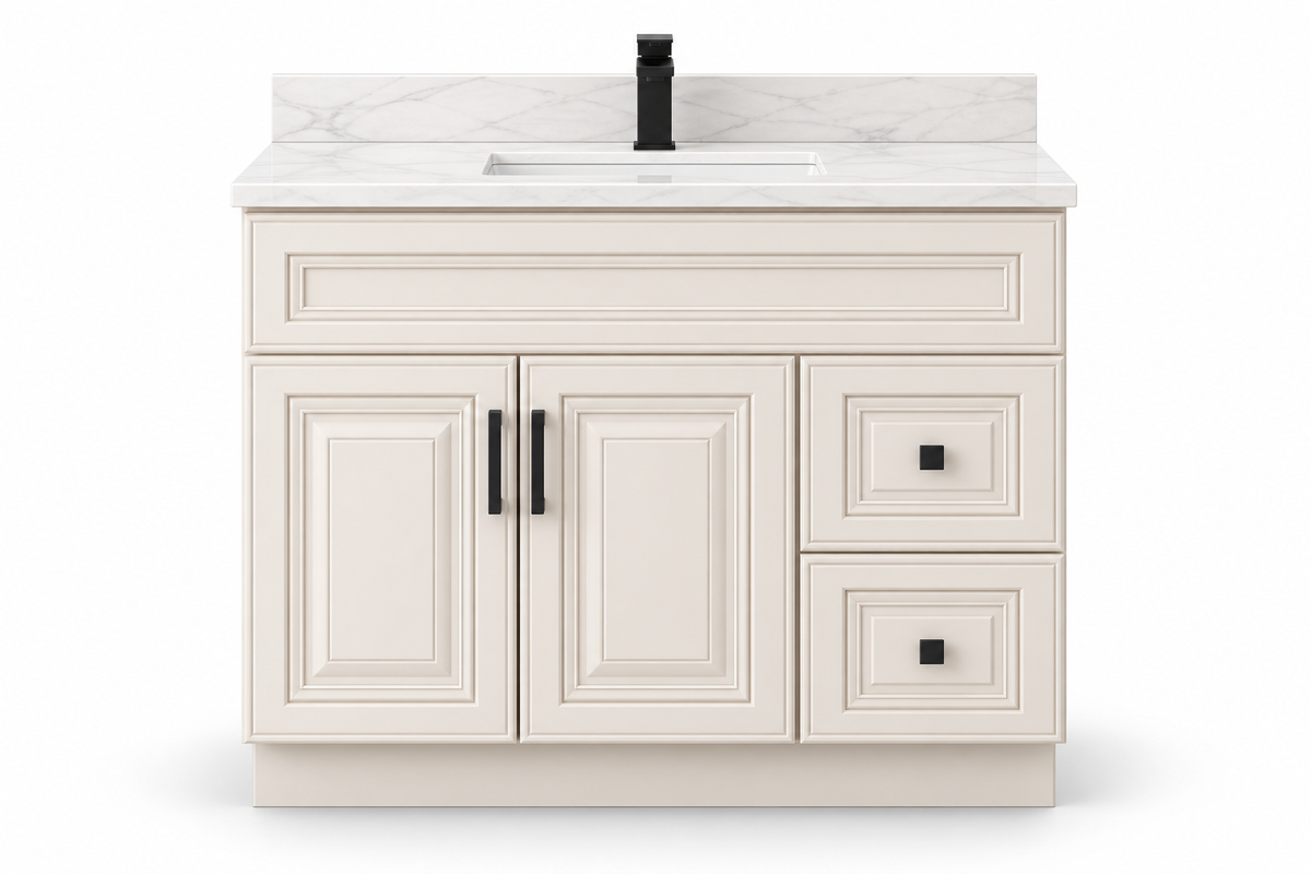 42 inch solid wood vanity, Ivory White Classic finish, front hero
