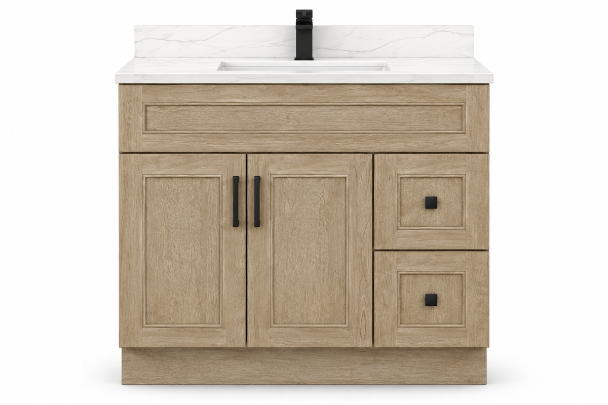 42 inch solid wood vanity, Natural Dark Shaker finish, front hero