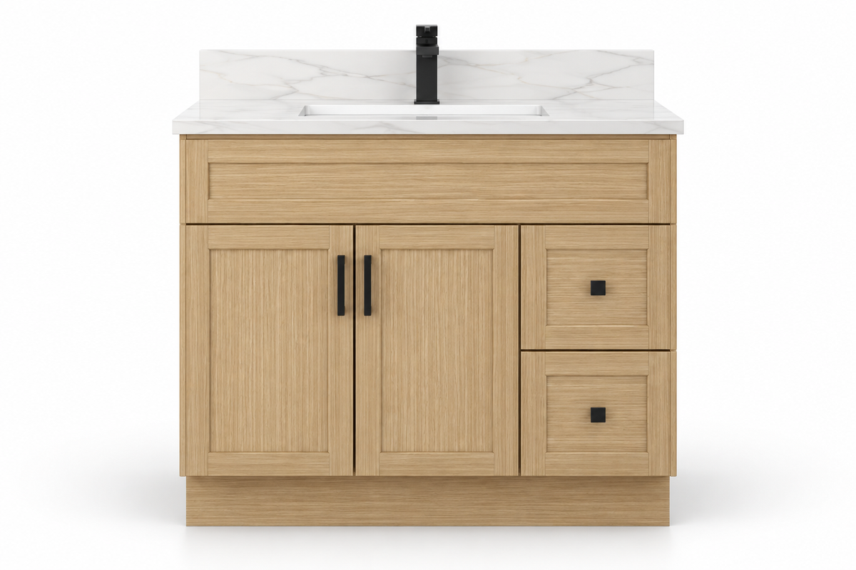 42 inch solid wood vanity, Natural Slim Shaker finish, front hero