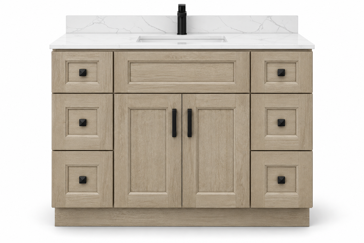 48 inch solid wood vanity, Natural Dark Shaker finish, front hero
