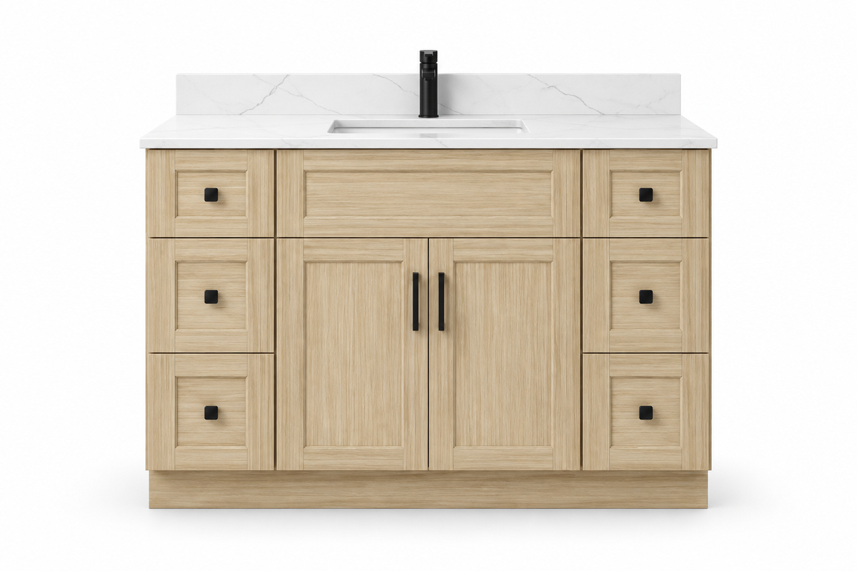 48 inch solid wood vanity, Natural Slim Shaker finish, front hero