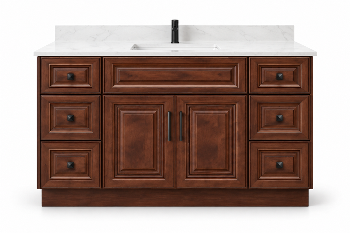 60 inch solid wood vanity, Dark Walnut Classic finish, front hero