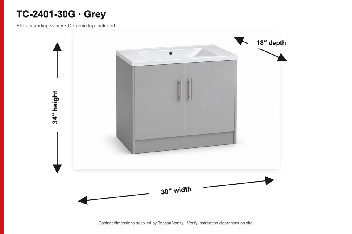 TC-2401 30" High-Gloss Vanity - Grey - Dimensions
