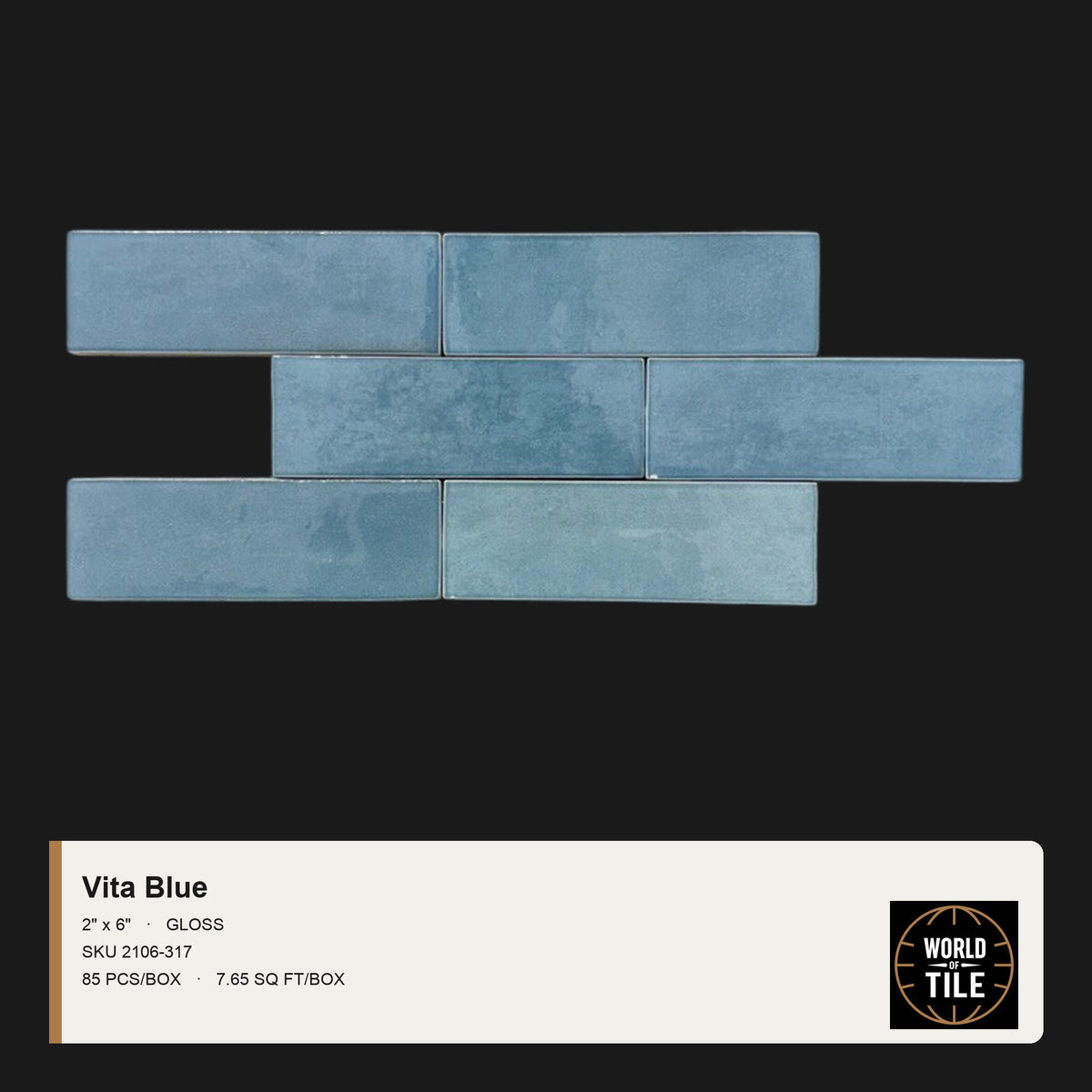 Vita Blue Gloss 2" x 6" ceramic subway tile