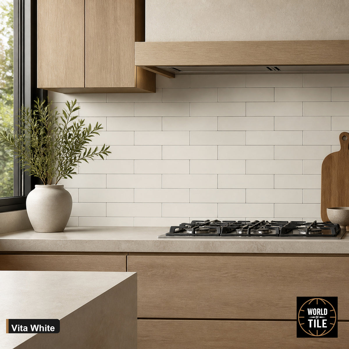 Vita White Gloss subway tile installed as a kitchen backsplash