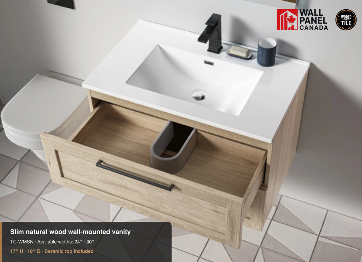 30" Slim Natural Wood Wall-Mounted Vanity