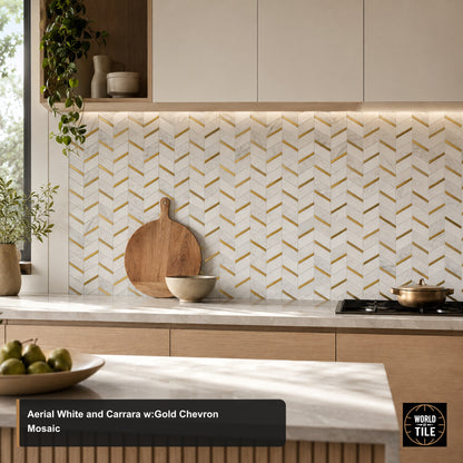 Aerial White & Carrara w/Gold Chevron Mosaic