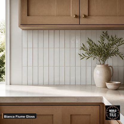Bianca Fiume Glossy subway tile installed as a kitchen backsplash